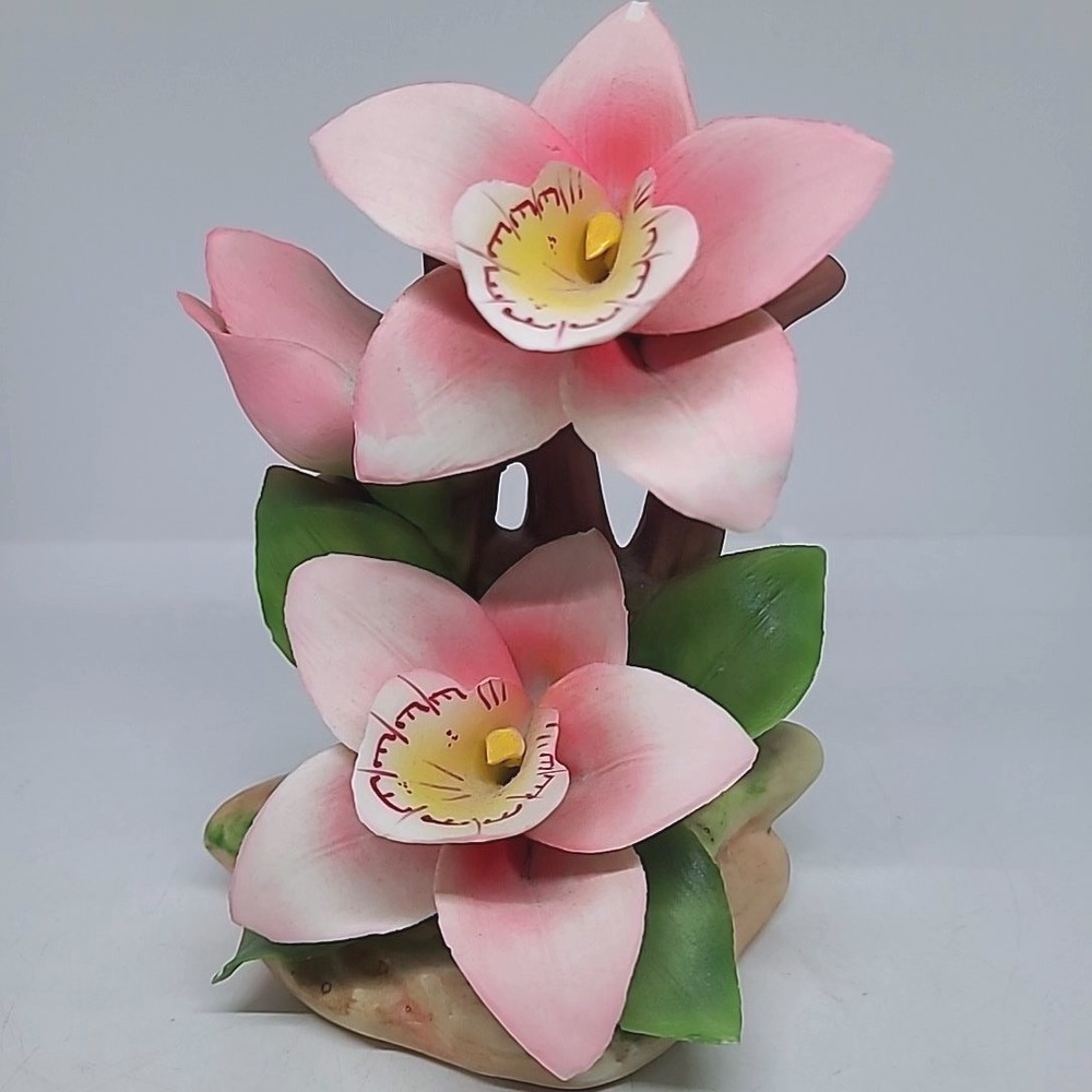 Vintage Capodimonte Porcelain Pink Orchid Flower Figurine Italy Floral Decor